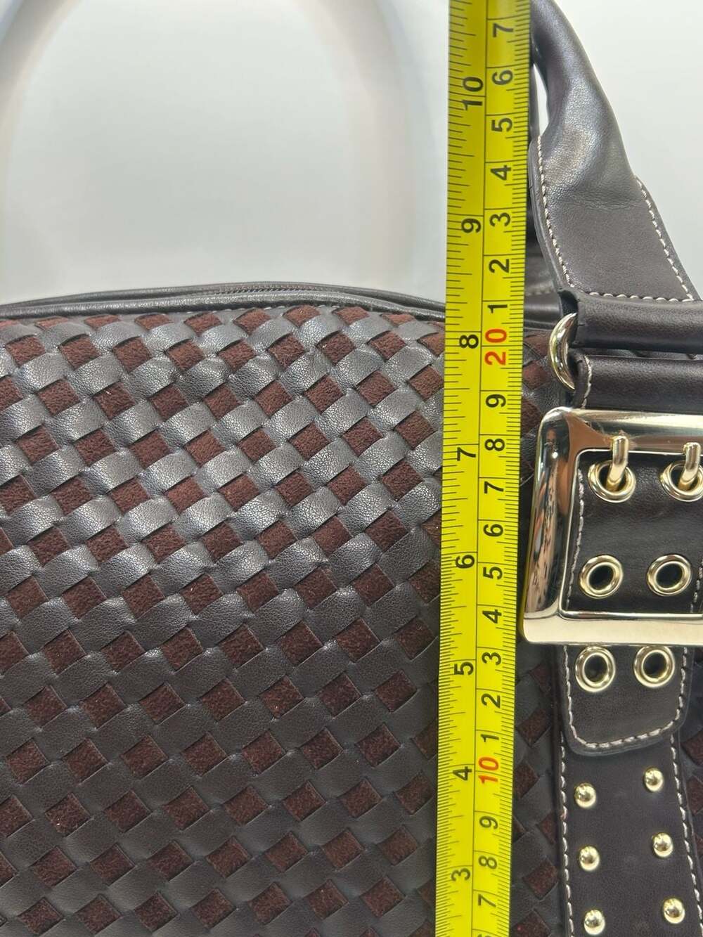 Vintage Brown Woven Satchel with Gold Tone Buckle Detail - Picture 4 of 12